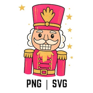May include: A colourful cartoon illustration of a nutcracker soldier in a pink uniform with gold detailing. The nutcracker has a white moustache and a serious expression. Gold stars surround the figure, and the text "PNG | SVG" is at the bottom.