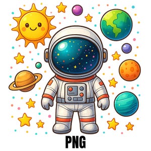 Desenho de astronauta PNG: Design de sublimação de planetas coloridos (download digital)