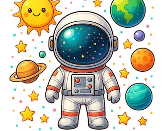 Astronauta z kreskówki PNG: Kolorowe planety, projekt sublimacji (pobieranie cyfrowe)