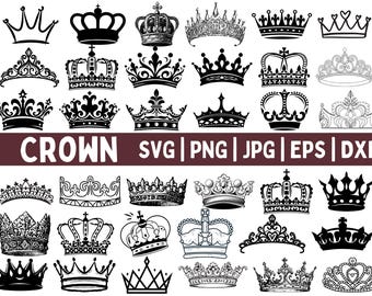 May include: A collection of various crown designs in black and white. The image includes crowns of different styles, from simple to ornate, with the word "CROWN" and file type abbreviations like SVG, PNG, JPG, EPS, and DXF.