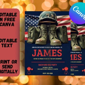 May include: A digital invitation for a Backyard BBQ Party, featuring military boots, a helmet, and the American flag. The invitation includes the text "James" in large red letters, with details about the event and the Canva logo.