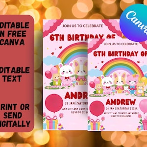 Kitten Birthday Invitation, Editable Birthday Invitation, Pink Girls Birthday Invitation, Cute Kitty Digital Invite, Download Canva Template