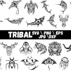 Pode incluir: Desenhos de arte tribal em preto e branco com vários animais e criaturas marinhas, incluindo golfinhos, tubarões e uma tartaruga. A imagem também inclui o texto "TRIBAL SVG PNG EPS JPG DXF".