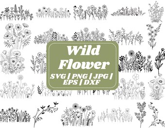 May include: A set of 16 black and white line drawings of wild flowers. The drawings are simple and elegant, and they would be perfect for use in a variety of projects, such as scrapbooking, card making, or digital design. The text "Wild Flower" is written in a bold, retro font. The text "SVG | PNG | JPG | EPS | DXF" is written below the title.
