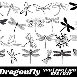 May include: A collection of dragonfly illustrations in various styles, from detailed line art to minimalist silhouettes. The designs are in black and white, with the word "Dragonfly" at the bottom, along with file type options.