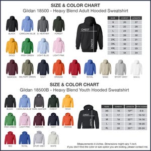 The image is a size and color chart for a Gildan 18500B - Heavy Blend Adult Hooded Sweatshirt. It displays various color options and sizes for the hooded sweatshirt, including black, blue, green, orange, red, royal, sand, sport grey, white, maroon, military green, navy, orange, red, and light pink. The chart provides measurements for each color and size, allowing customers to choose the color and size that best fits their preferences and body type.
