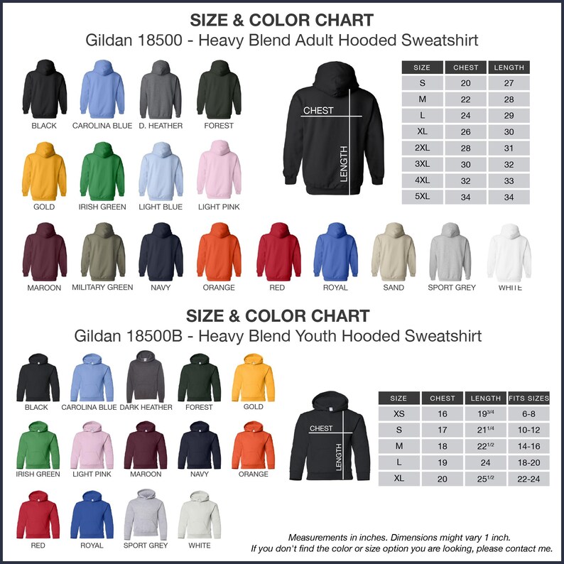 The image is a size and color chart for a Gildan 18500B - Heavy Blend Adult Hooded Sweatshirt. It displays various color options and sizes for the hooded sweatshirt, including black, blue, green, orange, red, royal, sand, sport grey, white, maroon, military green, navy, orange, red, and light pink. The chart provides measurements for each color and size, allowing customers to choose the color and size that best fits their preferences and body type.