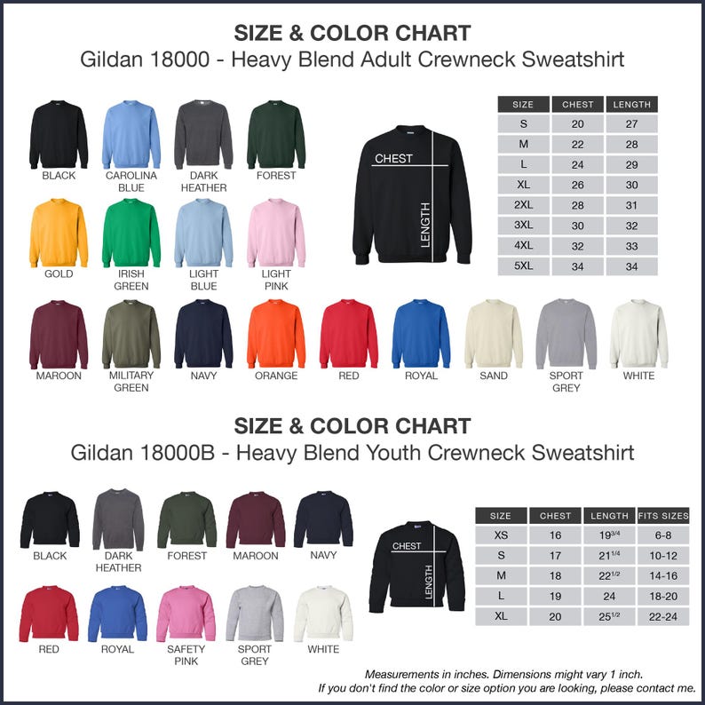 The image is a size and color chart for a Gildan 180000 - Heavy Blend Adult Crewneck Sweatshirt. It displays a variety of different colored shirts in sizes ranging from S to M, including black, blue, green, orange, red, royal, and grey. The chart provides measurements for each shirt size and color, allowing customers to choose the desired combination.