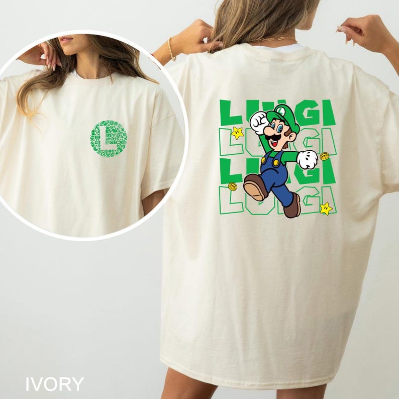 A person wearing a white t-shirt with a graphic of a character from the Mario video game franchise.