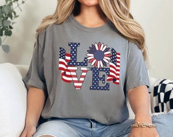 Patriotic Love Sunflower Shirt, Comfort Colors 4th of July USA Tee, 405074