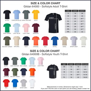 The image is a size and color chart for a softstyle adult t-shirt. It displays various t-shirt sizes and colors, including different styles such as black, navy, orange, and red. The chart provides measurements and dimensions for each color and style, allowing customers to choose the size and color that best fits their preferences.