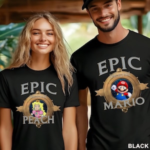 May include: Black t-shirts with the text "EPIC" above a gold-colored emblem. One shirt features Princess Peach, the other features Mario. The word "MARIO" is below the emblem on one shirt. The word "PEACH" is below the emblem on the other shirt.