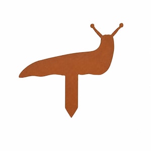May include: A brown metal garden stake in the shape of a slug. The slug has a long body, two antennae, and a pointed stake at the bottom for easy placement in soil. The stake is designed for garden decor.