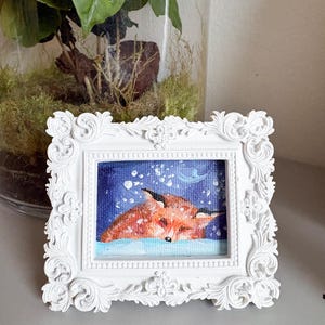 Cuadro de zorro en miniatura con marco ornamentado: arte acrílico original, decoración de bosque invernal, obra de arte animal coleccionable imagen 2