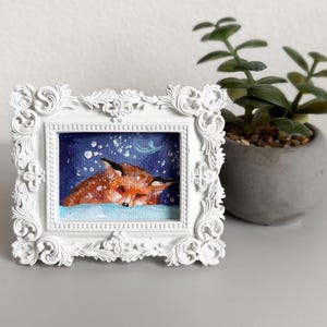 Cuadro de zorro en miniatura con marco ornamentado: arte acrílico original, decoración de bosque invernal, obra de arte animal coleccionable imagen 3