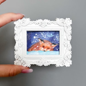 Cuadro de zorro en miniatura con marco ornamentado: arte acrílico original, decoración de bosque invernal, obra de arte animal coleccionable imagen 1