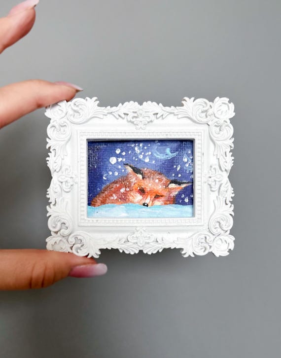 Miniature Fox Painting Ornate Frame – Original Acrylic Art Winter Woodland Decor, Collectible Animal Artwork