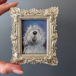 Miniature Shaggy Dog Painting in Ornate Frame – Hand-Painted Acrylic Art, Tiny Dog Portrait, Unique Pet Lover Gift, Small Wall Decor