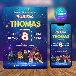 Roblox Invitation, Roblox Invite, Game Party, Kids Roblox, Roblox Boys Birthday Invitation Template, Editable Template, Canva