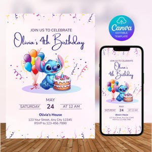 Editable Stitch Birthday Party Invitation Template, Cartoon Birthday Invitation, Stitch Birthday pool Party Invitation, Stitch Bday evite