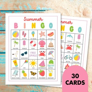 Cartões de Bingo de Verão para Imprimir, Perfeitos para Noites de Jogos em Família ou Festas na Piscina, Conjunto com 30 Cartões