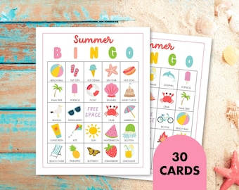 Cartões de Bingo de Verão para Imprimir, Perfeitos para Noites de Jogos em Família ou Festas na Piscina, Conjunto com 30 Cartões