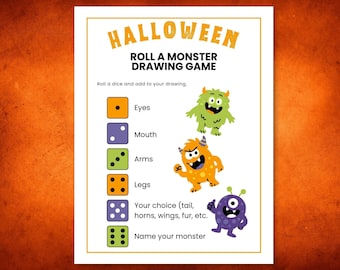 May include: A Halloween-themed drawing game with the text "ROLL A MONSTER DRAWING GAME". The game includes dice with different features like eyes, mouth, arms, and legs. Three cartoon monsters are shown in green, orange, and purple.