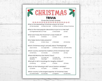 May include: A Christmas trivia game sheet with a green border and holly accents. The title "CHRISTMAS TRIVIA" is in red and green. Questions cover Christmas songs, decorations, and traditions. The sheet is on a white background.