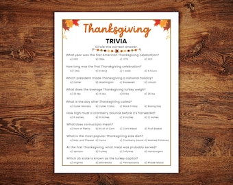 May include: Thanksgiving trivia game on a white paper. The game includes multiple-choice questions about Thanksgiving history, traditions, and facts. The paper is decorated with fall leaves and a festive font.
