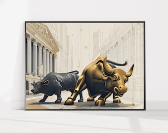 Bärchen und Stier Buch – Buchskulptur – Geschenk für Buchliebhaber Wall Street Illustration Börse Poster, Handels Büro Dekor, Geldanleger Geschenk
