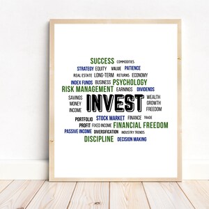 Puede incluir: Un póster enmarcado con la palabra "INVERTIR" en negrita negra. Alrededor de la palabra hay términos relacionados con las finanzas y la inversión, como "Éxito", "Gestión de riesgos" y "Libertad financiera", en texto verde y azul.