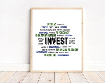 Investieren Sie Wortwolken Wall Art – Marketing Motivationsposter | Börse Büro Dekor, Geld Mindset Druck, finanzielle Freiheit zum Ausdrucken