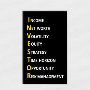 Puede incluir: Una impresión en blanco y negro enmarcada con la palabra INVESTOR escrita verticalmente. Cada letra de INVESTOR va seguida de un término financiero en texto amarillo, incluyendo Income, Net Worth y Risk Management.
