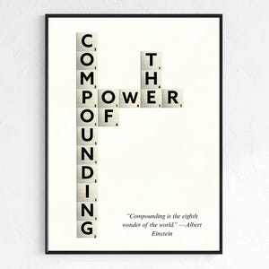 Könnte beinhalten: Ein gerahmter Druck mit den Wörtern "COMPOUNDING" und "THE POWER OF", die mit Scrabble-Steinen geschrieben wurden. Das Zitat "Compounding is the eighth wonder of the world." von Albert Einstein steht darunter. Der Hintergrund ist cremefarben.