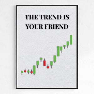 Puede incluir: Impresión enmarcada con el texto "THE TREND IS YOUR FRIEND" en negrita, negro. Debajo, un gráfico con patrones de velas verdes y rojas, que sugiere análisis financiero o tendencias del mercado.
