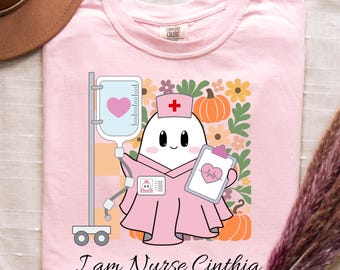 Personalized Ghost Nurse T-Shirt, Spooky Halloween Healthcare Gift