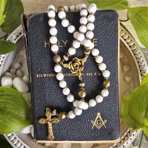 White Shell with Antique Gold or Silver Rosary