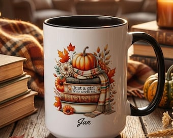Personalized Fall Book Lover Mug, Autumn Reader Gift, Cozy Pumpkin Coffee Cup, Custom Name Mug, Fall Reading Lover Gift