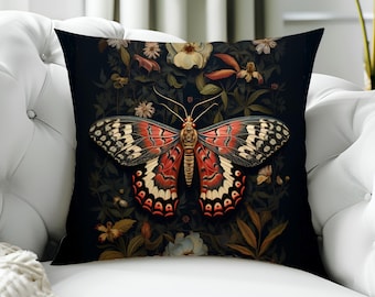 Red Botanical Butterfly Pillow Cover, Vintage Cottagecore Decor