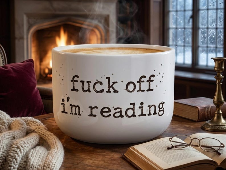 K&ouml;nnte beinhalten: Ein gro&szlig;er wei&szlig;er Keramikbecher gef&uuml;llt mit einem dampfenden Getr&auml;nk, mit dem schwarzen Aufdruck 'fuck off i'm reading' auf der Vorderseite. Der Becher hat eine glatte, abgerundete Form und steht auf einer Holzoberfl&auml;che mit Sprenkeln.