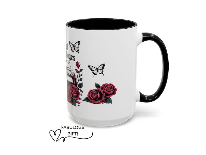May include: White ceramic mug with a black interior and handle. The mug features a design of red roses, butterflies, and the text "Inspirational Pages". The words "Fabulous Gift!" are also included.