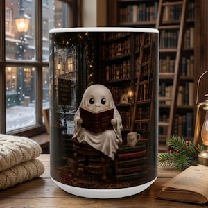 Winter Ghost Bookshop Mok, Gezellige Leesmok, Kerstboekhandelmok, Cadeau voor Boekenliefhebber, Gezellige Bibliotheek Koffiebeker
