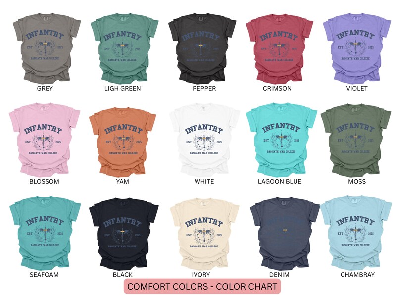 Puede incluir: Carta de colores que muestra 12 colores de camisetas diferentes. Cada color tiene una camiseta de muestra con el texto "INFANTRY EST. 1903 BARNARD WAR COLLEGE" impreso en ella. Los colores son: Gris, Verde claro, Pimienta, Carmes&iacute;, Violeta, Flor, &Ntilde;ame, Blanco, Azul laguna, Musgo, Espuma de mar, Negro, Marfil, Denim, Chambray.