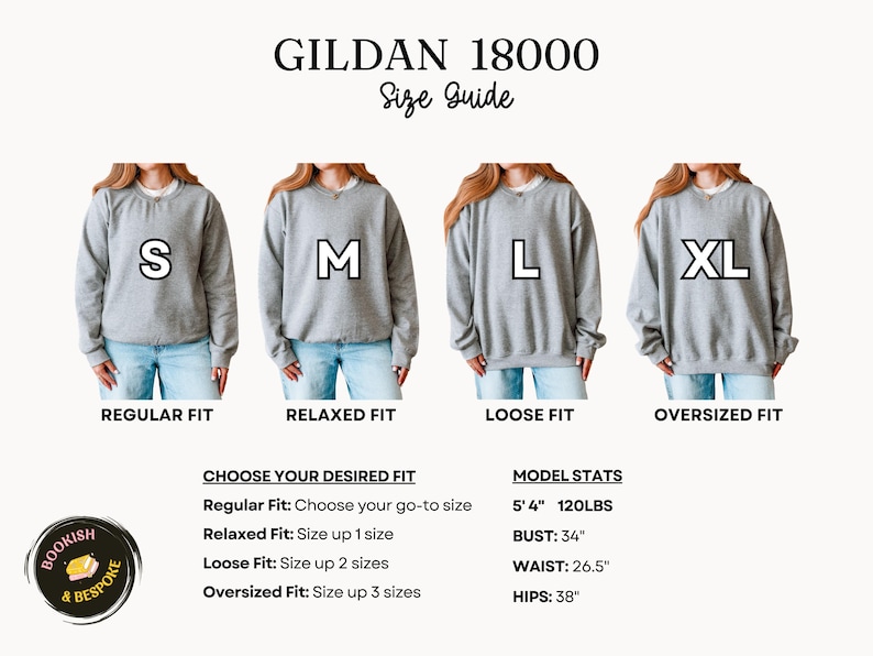 以下が含まれることがあります： Gildan 18000スウェットシャツのサイズガイド。画像には、S、M、L、XLサイズのグレーのスウェットシャツを着た4人のモデルが写っています。フィット感の説明は、レギュラー、リラックス、ルーズ、オーバーサイズです。モデルのデータ：身長163cm、体重54kg、バスト86cm、ウエスト67cm、ヒップ96.5cm。