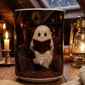 Mok voor een spooklezer, gezellige zolderbibliotheekmok, wintercadeau voor boekenliefhebbers, koffiemok om te lezen, knusse boekenmok