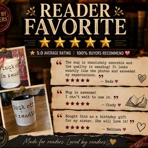 K&ouml;nnte beinhalten: Ein wei&szlig;er Keramikbecher mit schwarzem Text 'fuck off i'm reading'. Der Becher ist auf zwei Fotos neben Kundenbewertungen, einer F&uuml;nf-Sterne-Bewertungsgrafik und dem Text 'READER FAVORITE' und 'BOOKISH & BESPOKE' abgebildet.
