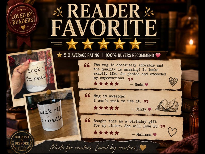 K&ouml;nnte beinhalten: Ein wei&szlig;er Keramikbecher mit schwarzem Text 'fuck off i'm reading'. Der Becher ist auf zwei Fotos neben Kundenbewertungen, einer F&uuml;nf-Sterne-Bewertungsgrafik und dem Text 'READER FAVORITE' und 'BOOKISH & BESPOKE' abgebildet.