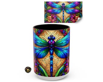 Stained Glass Dragonfly Mug, Wrapped Colorful Art Coffee Cup, Nature Inspired Gift