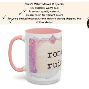 May include: White ceramic mug with a pink handle and interior. The mug features a torn paper design with the words "roma rui" printed on it. The mug has a glossy finish for vibrant colors and a unique design.