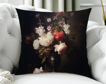 Dark Academia Floral Pillow, Vintage Still Life Bouquet Decor, Moody Classic Art Cushion